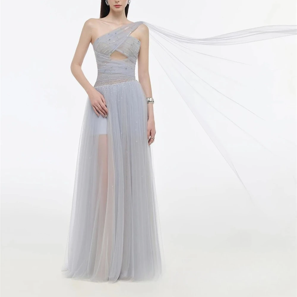 

Elegant Evening Dress Customized Exquisite One Shoulder Sparkly Crystal Tulle Evening Gowns Illusion Floor Length Party Dress