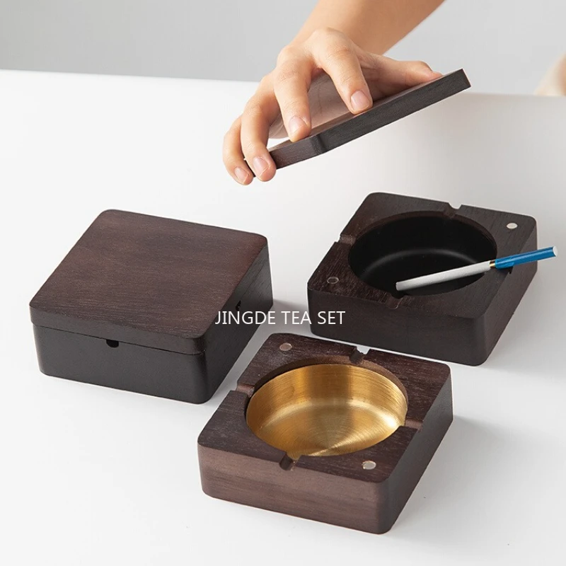 Solid Wood+Stainless Steel Ashtray with Magnetic Attraction Square Lid Anti Fly Ash Home Antique Living Room  Table Decoration