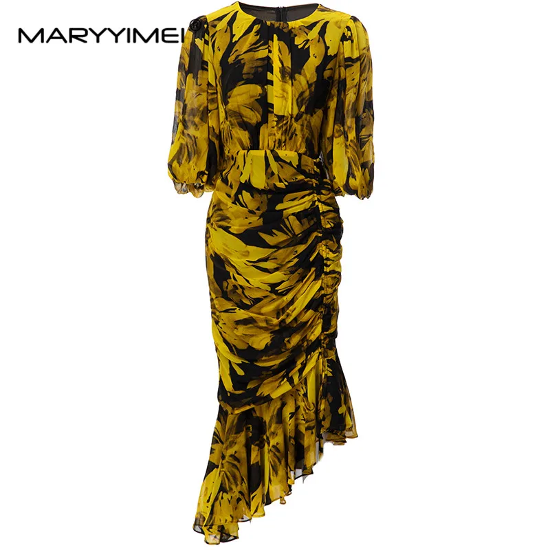 

MARYYIMEI Fashion Designer spring Summer Women's O-Neck Puff Sleeve Lace-UP Draped Asymmetrical Elegant Mermaid Dresses