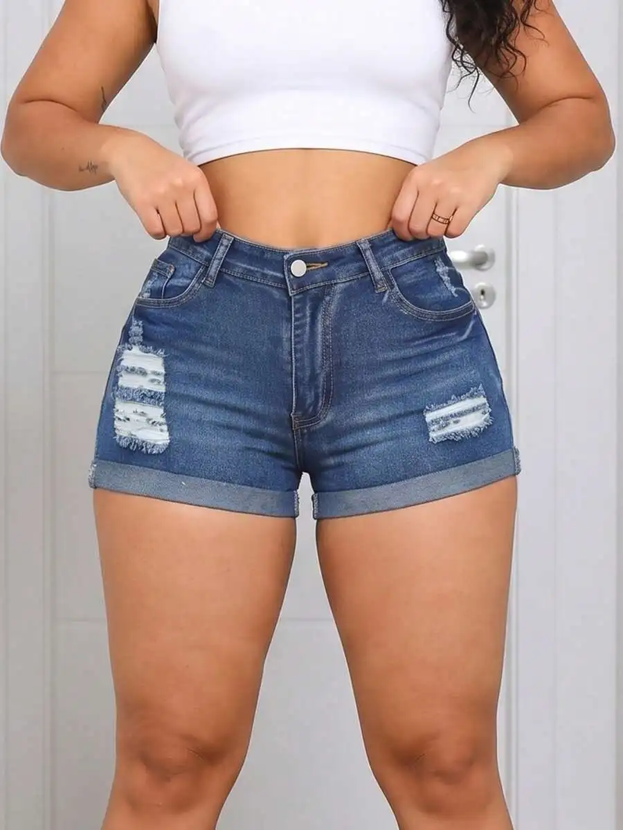 Womens Ripped Denim Shorts Cuffed Hem Slim Fit Stretchy Casual Streetwear view 5