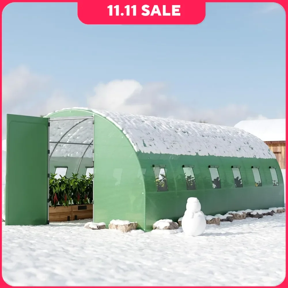 

20x10x7 Ft Garden Greenhouses, Heavy Duty Swing Doors Tunnel, Steel Winter with Windows, Walk in Greenhouses