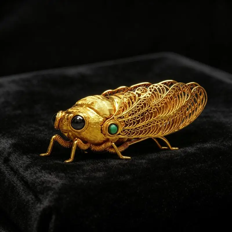 Vintage Gold Cicada Metal Sculpture - Hollow Filigree Inlaid Art Statue Oriental Desktop Decor Craft Collectible Gift