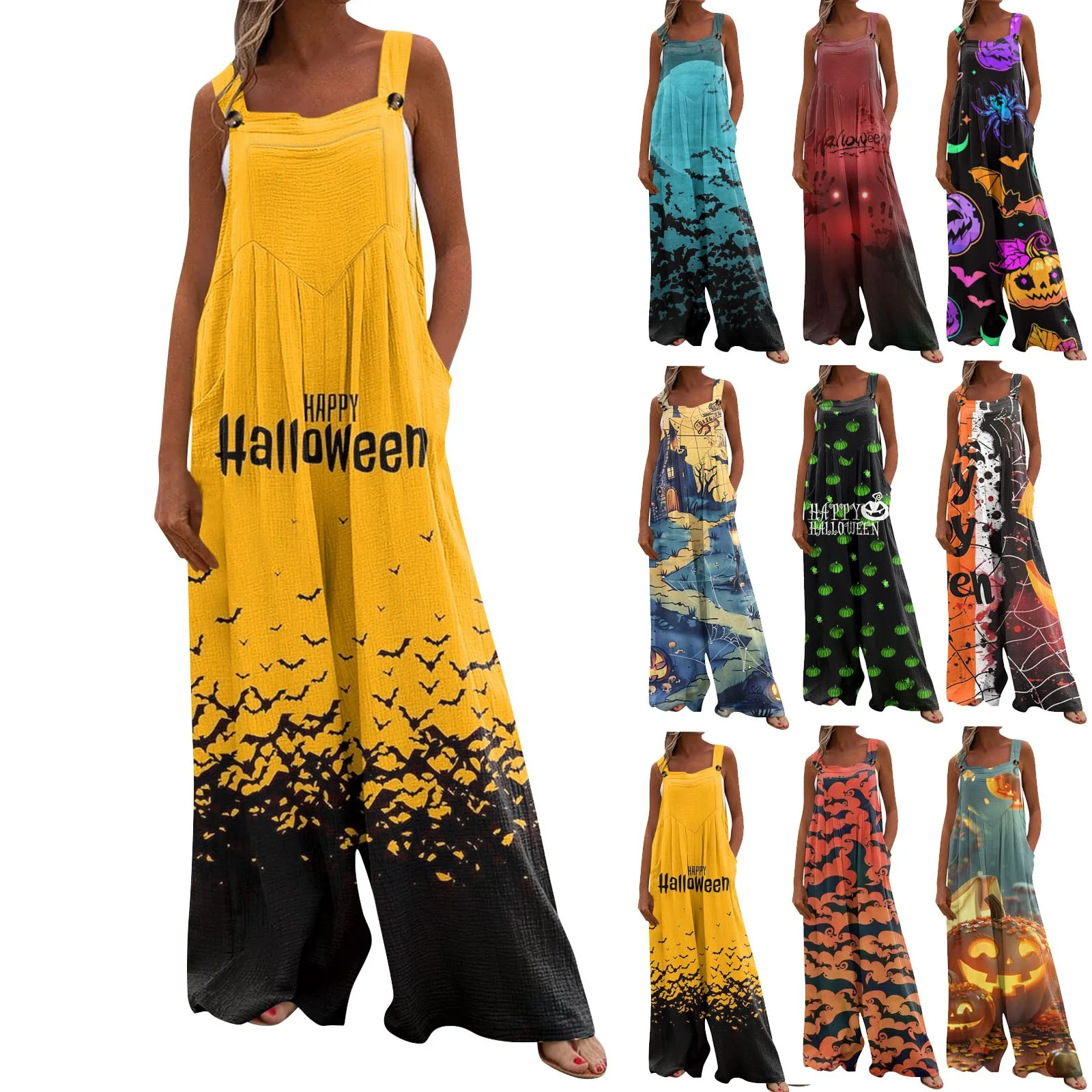 Womens Casual Overalls Jumpsuits Straps Sleeveless Halloween Prints Comfy Rompers Overall Women Festive Clothing