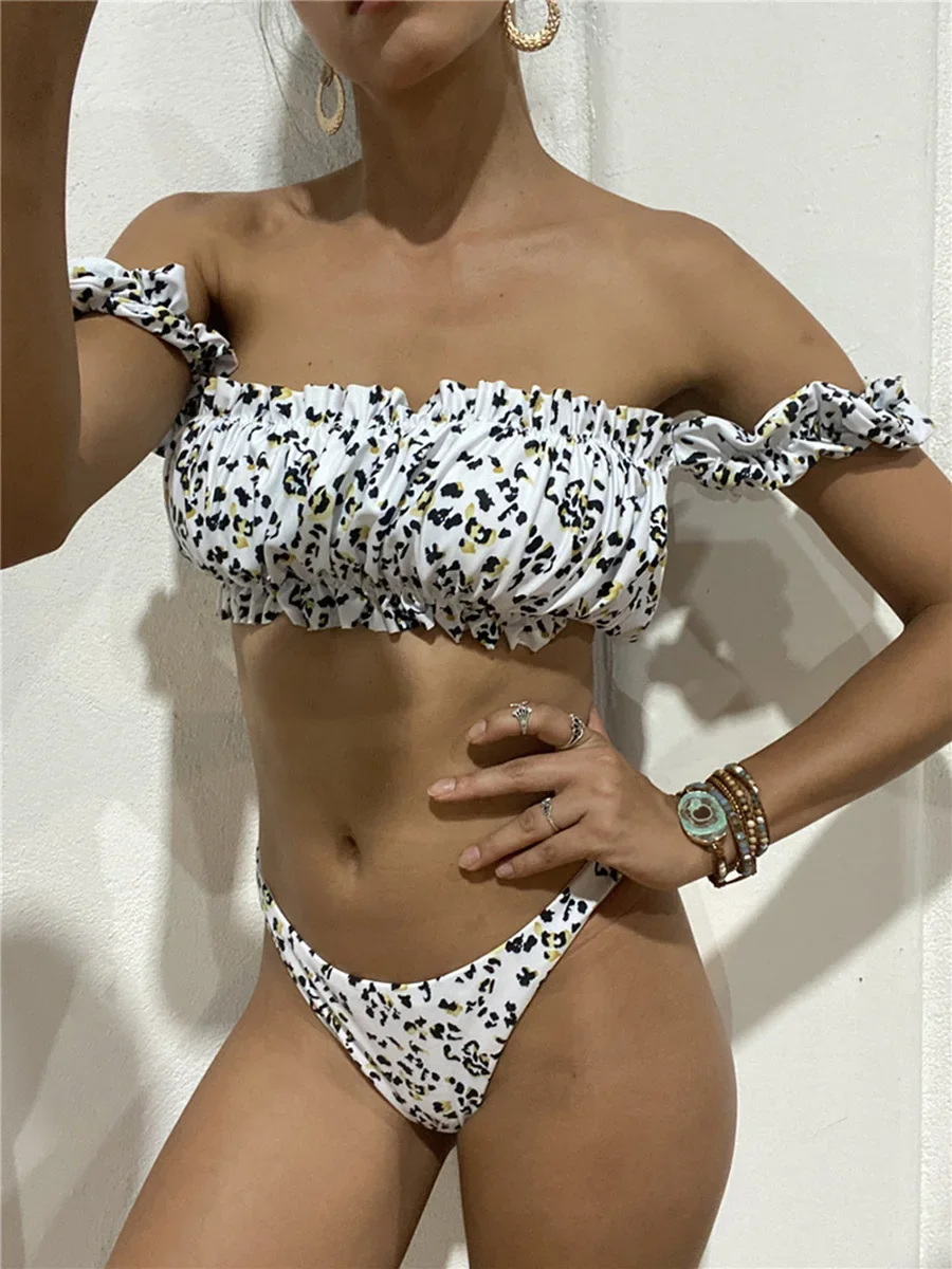 Cherry Print Off Shoulder Bikini 2024 High Cut Swimsuit Women Female Brazilian Swimwear Two pieces Bikini set Bathing Suit Swim