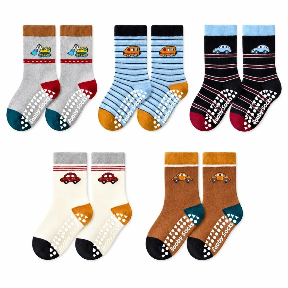 5 Pairs Breathable Non-Slip Socks Stretch Mid Calf Floor Socks Cotton Multi Pattern Anti Skid Socks For Toddler Children