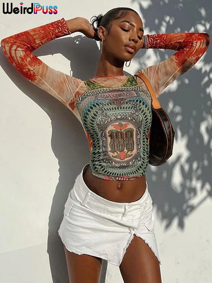 Weird Puss Dollar Print Women Long Sleeve Crop Tops Y2K Fashion O