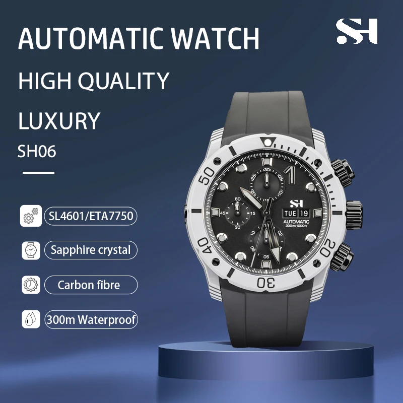 SH 2024 New Carbon fibre 45MM Automatic Mechanical Wristwatches SW500 Automatic Sapphire Super Luminous Watch See-Through Back