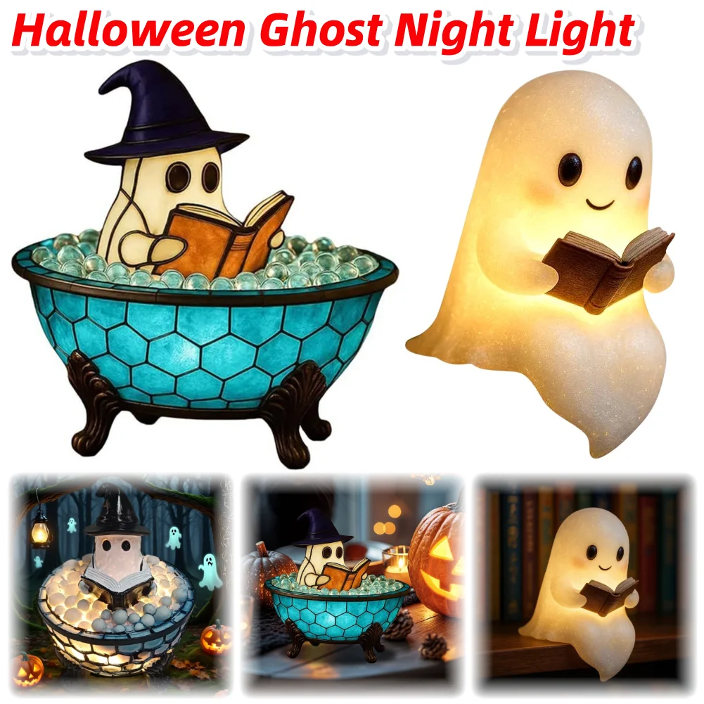 Cute Ghost Reading Book Lamp Halloween Ghost Night Light Ghost Reading Night Light Halloween Decor for Bedroom Study Room Reader