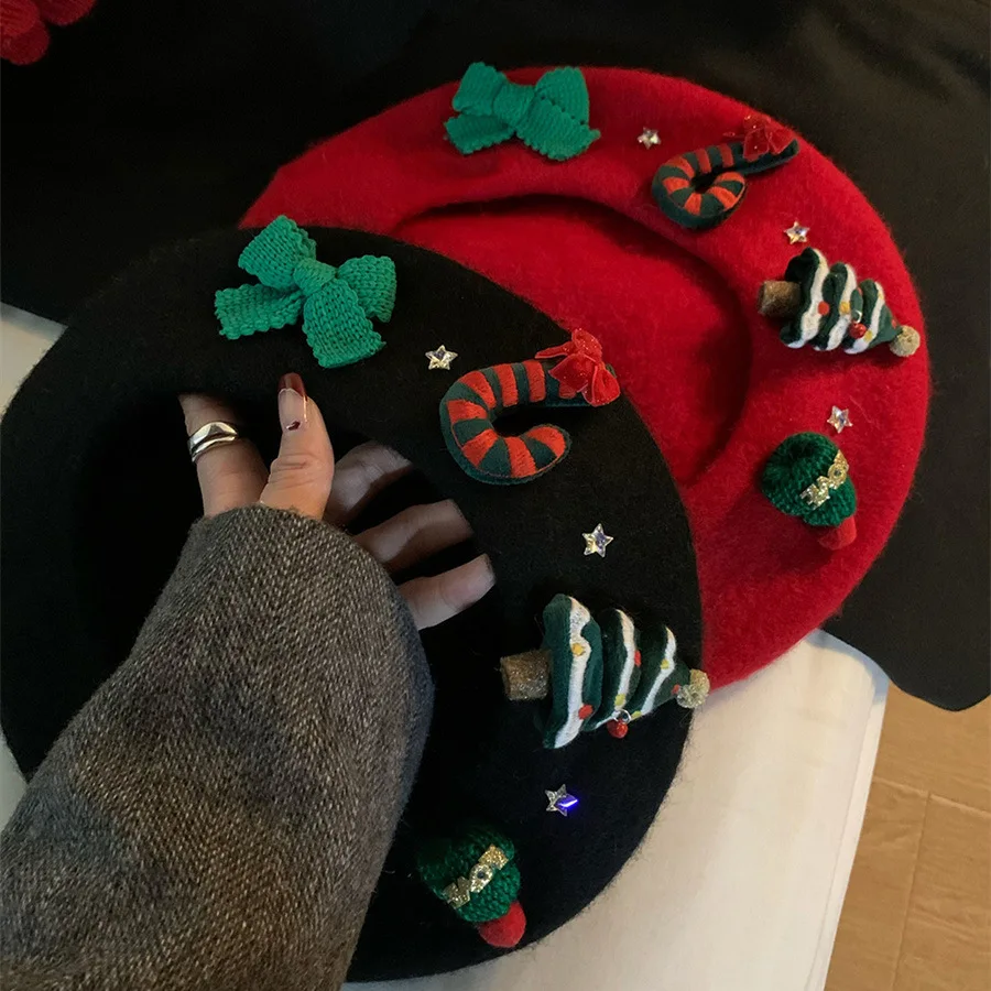 Boina roja Vintage para mujer, gorro de mariposa cálido, gorra de estudiante, sombreros de pintor, gorros navideños, Invierno