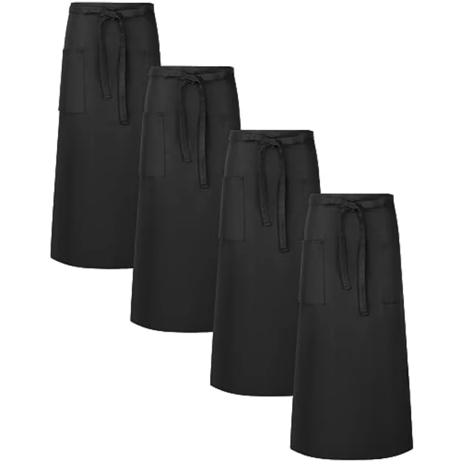

4 Pcs Bistro Aprons 2 Pockets 32 Inch Waterproof Half Waist Black Bistro Apron with Long Waist Ties for Server Chef Waiter Wait