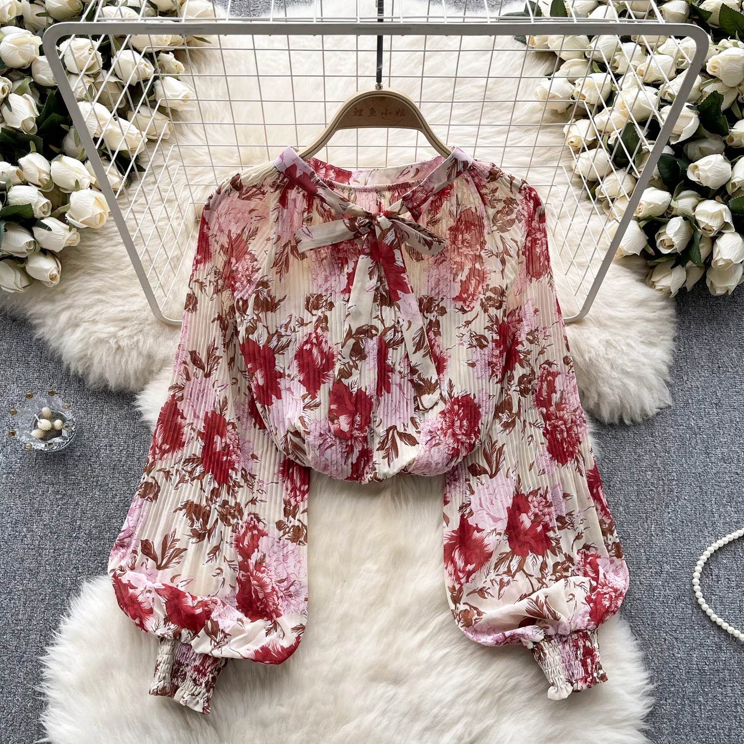 Chic Puff Long Sleeve Print Shirt Vintage Elegant Fashion Casual Blouse Women Bow Y2k Chiffon Summer Top New