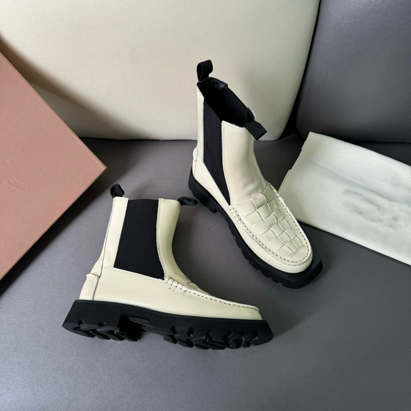 Dave&Di Nordic Minimalist Handmade Genuine Leather Retro Chelsea Boots Weaving Square Toe Motorcycle Ankle Boots Women