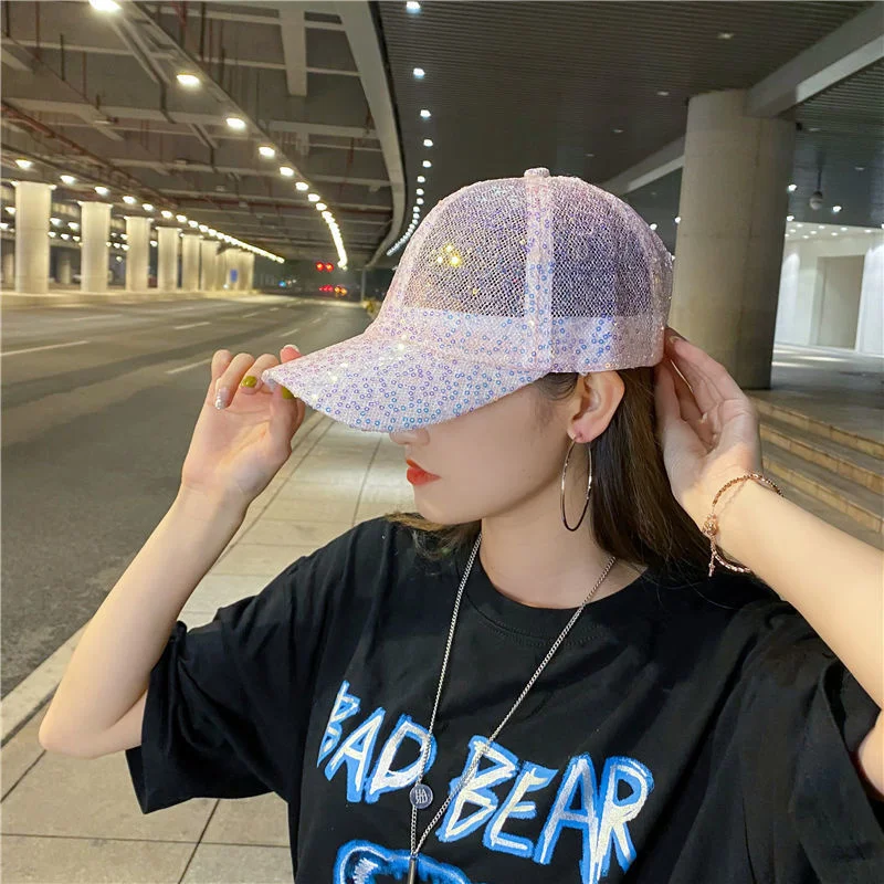 Women Lace Baseball Cap Summer Outdoor Sequins Mesh Breathable Snapback Cap Male Visors Sun Hat Adjustable Hip-hop Hat Dad Hats