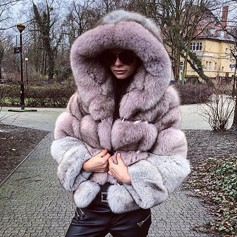 Hooded Thicken Real Fur Coat Women Winter Luxury Fashion Tops Warm Lavender Color Genuine Fur Jacket Female