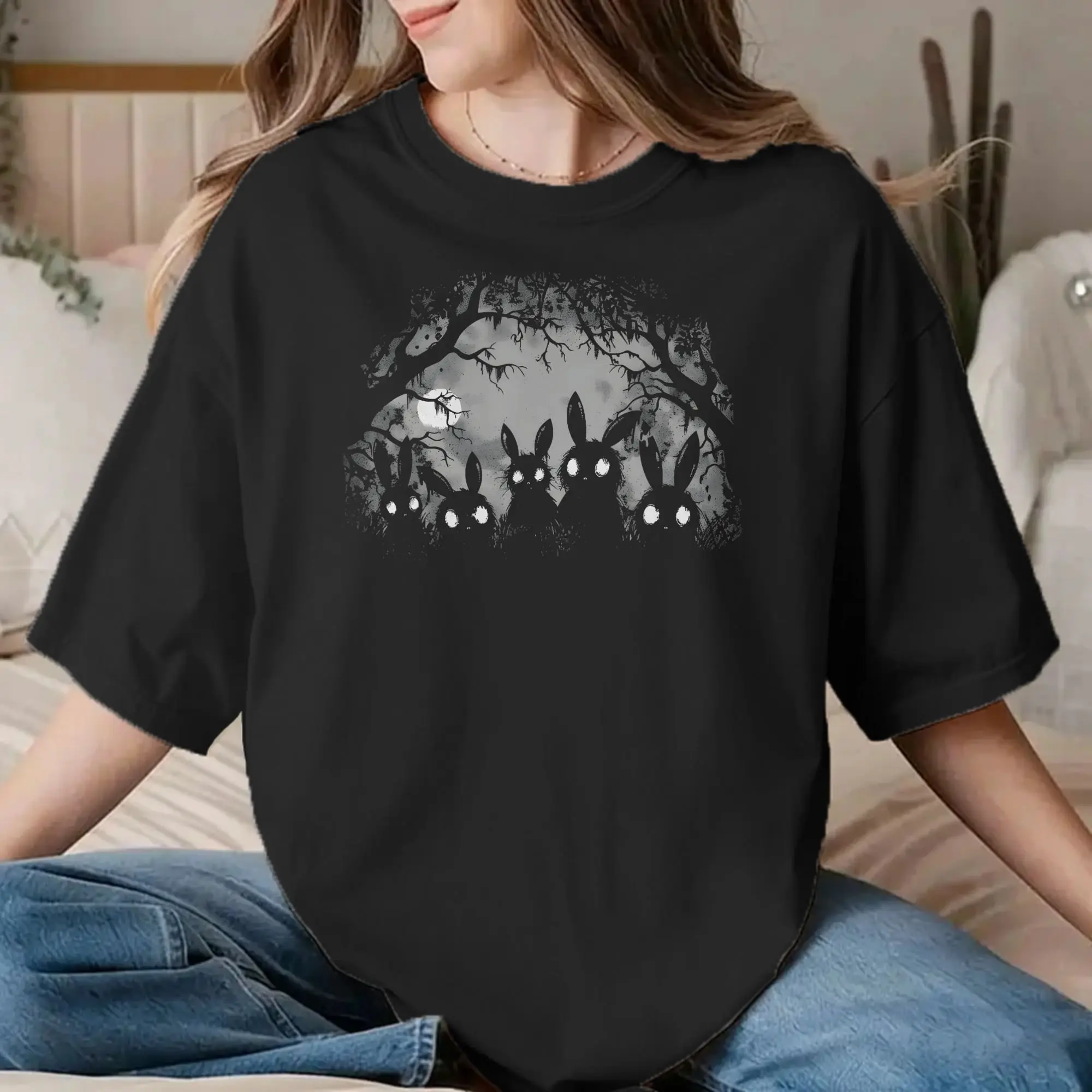 Camiseta Gótica de Coelhos para Homens e Mulheres, Estilo Grunge e Horror, 100% Algodão, Camisetas de Manga Curta com Gola Redonda, Tamanhos Grandes