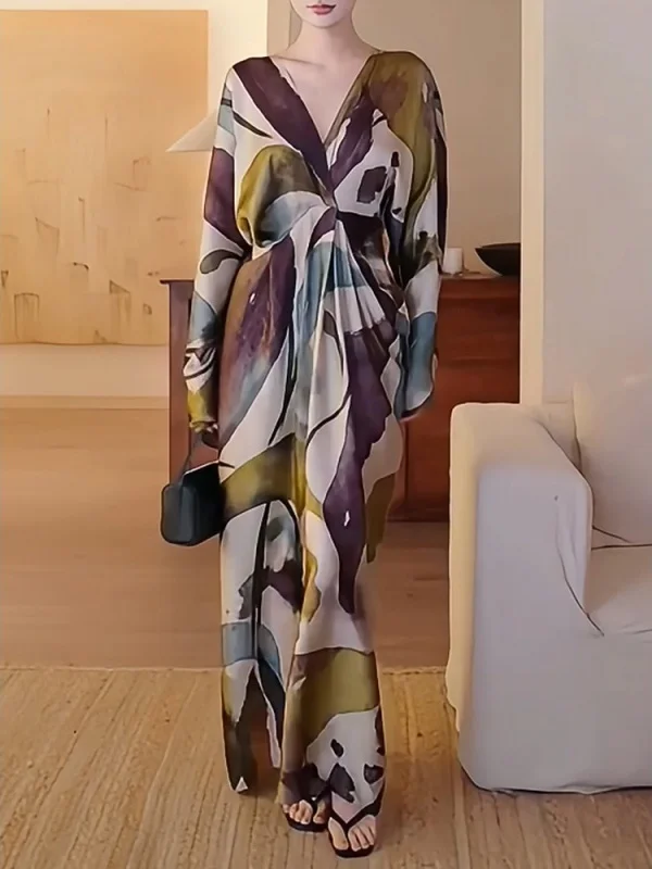 

Ele Ladylike Design Long Dr Faionable Women's Clothing High Waist A-Line Silhouette Soft Fabric Long Sve V-Ne