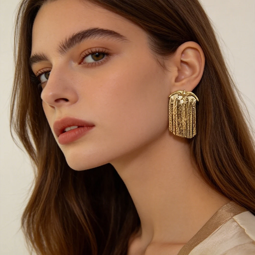 Vintage Eagle Clip Earrings Unpierced Shiny Thin Chain Tassel Dangle Earrings Elegant Evening Party Statement Jewelry