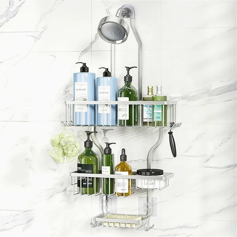 

lack Shower Caddy with Hooks - No Drill Hanging Organizer for Bathroom, Anti-Sway Adhesive Storage Shelf for Toiletries