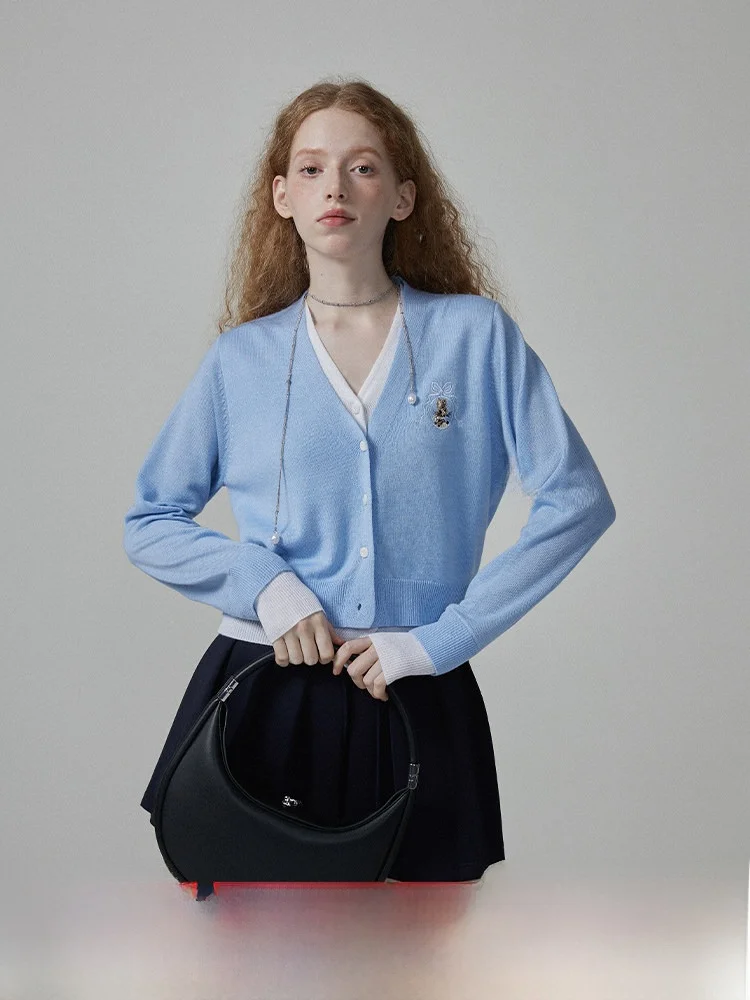 

Комплект для девочек: вязаный кардиган фиолетового цвета, пышная юбка, джинсы, имитация двух предметов, с вышивкой, длинный рукав, V-образный вырез