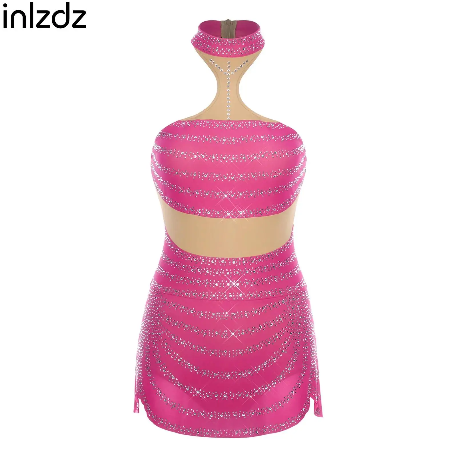 

Women's Latin Cha-cha Rumba Dance Performance Costumes Halter Sleeveless Rhinestone Leotard Dress Figure Skating Dance Clothes