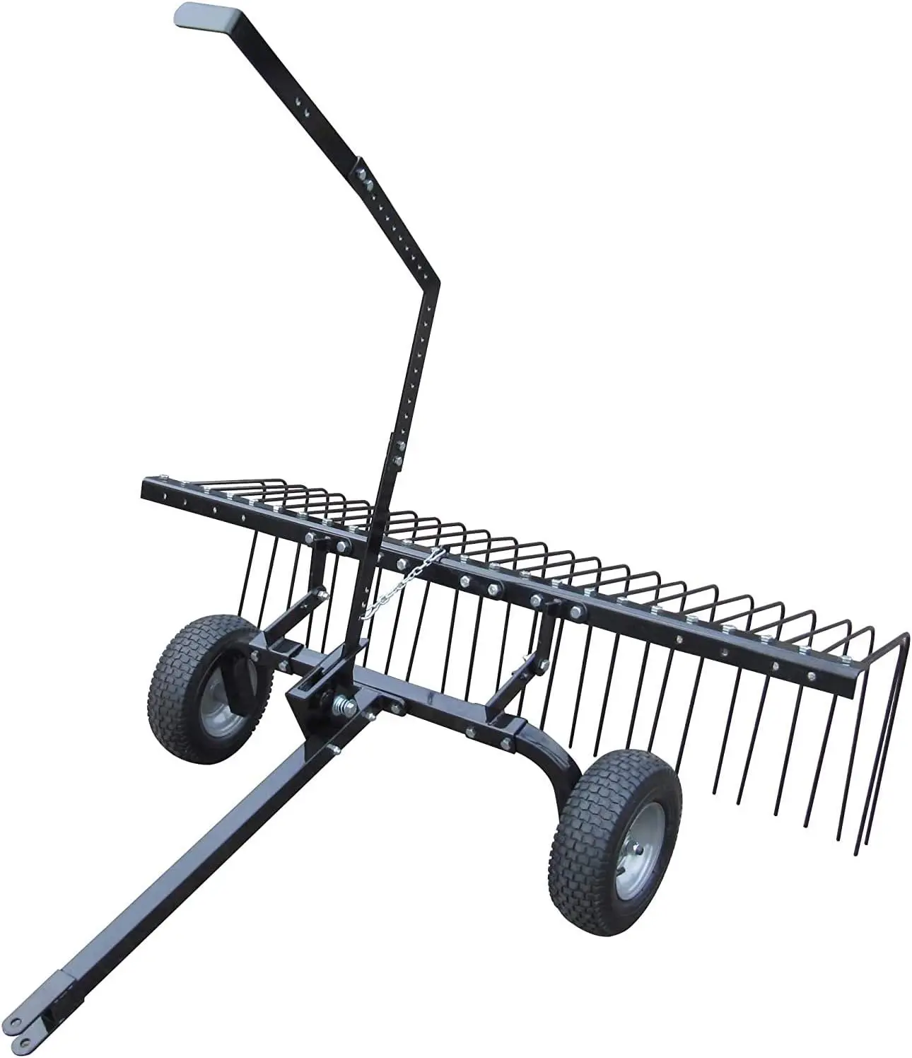 Heavy Duty Durable Steel Pine Straw Rake with Wheels, Lift Handle, 28 Spring Steel Tines, and Hitch for ATV