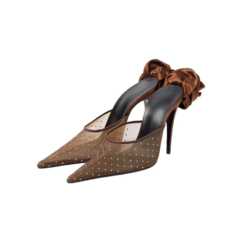 

Summer new pointed mesh rhinestone flower sexy fashion slippers banquet large size thin high heels customized women's sandals