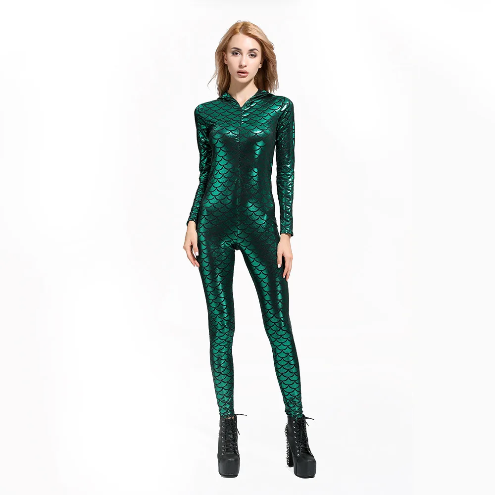 Female Sexy Fish Scale Bodysuit With Hooded Vintage Cosplay Costume Women Halloween Carnival Party Performance Jumpsuit