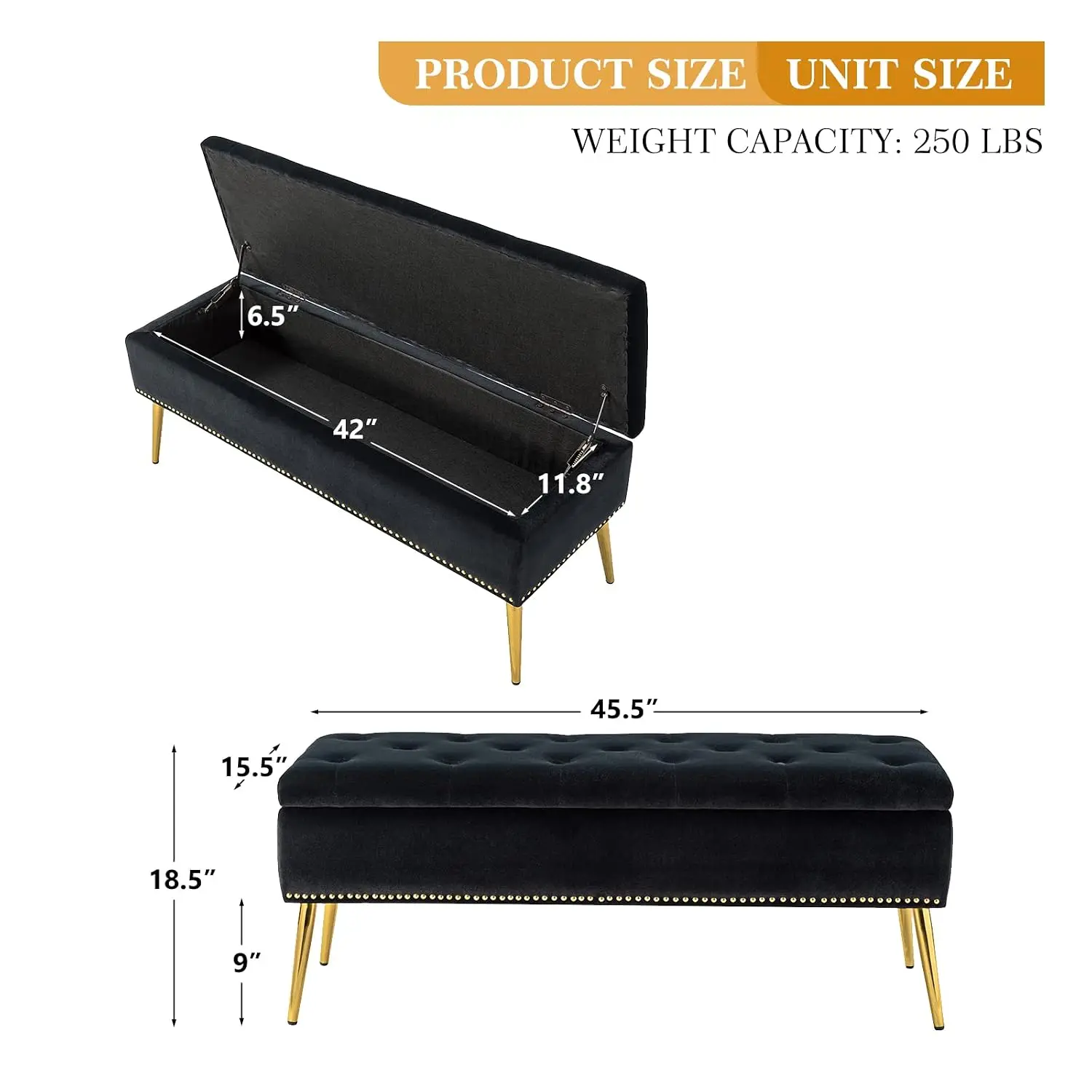 Velvet Storage Ottoman Bench Gold Base Nailhead Trim Upholstered Bedroom End Bed Button-Tufted Footstool Entryway Living Room Bl