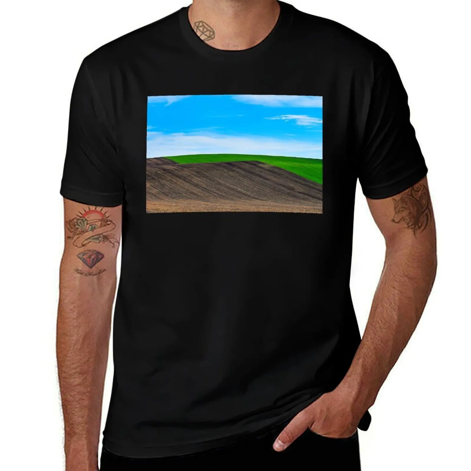 

Plowed and green wheat rolling hills ,Moravia landscape at spring,Chech Republic T-Shirt boys animal print mens clothes