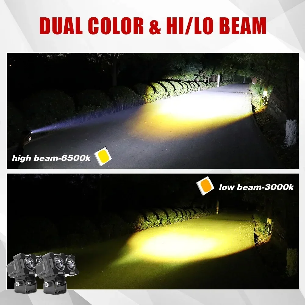60W Motorcycle LED Double Lenses Spotlight 12V Auxiliary Fog Lamp Dual Color Hi/Low Beam Fog Lamps for Motorcycle Car Trucks SUV