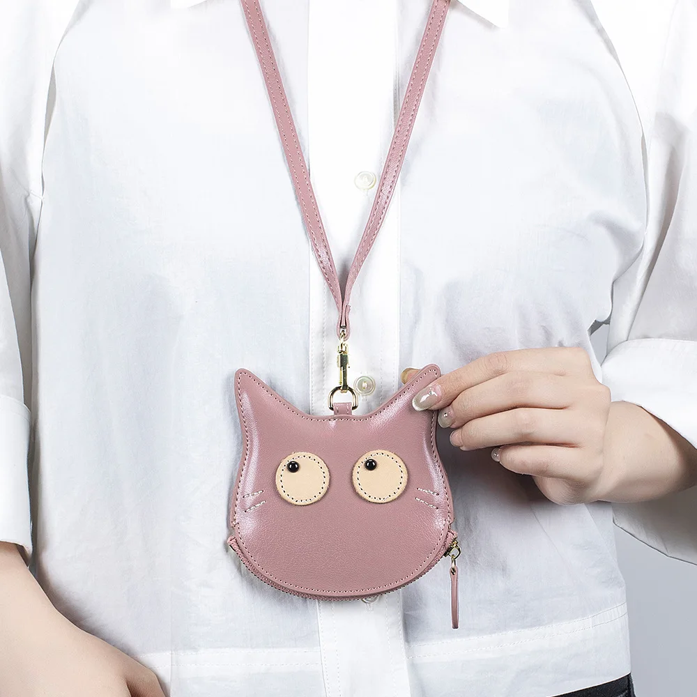 

Vintage Soft Genuine Leather Coin Purse Cartoon Kitty Cat Purses for Women Cute Mini Unique Design Thin Wallets with Zipper