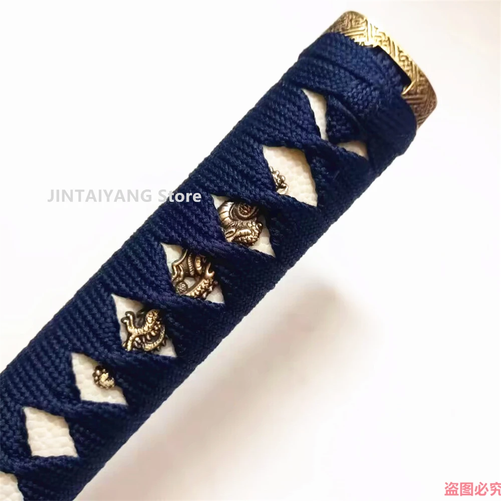 26CM Japanese Tsuka Handle Real Stingray Skin Carved Copper Brass Fuchi Kashira Menuki Silk Blue Ito For Sword Samurai Katana