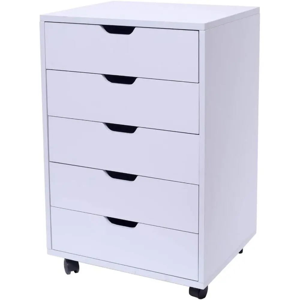 

5-Shelf Wooden Mobile Storage Cabinet with Wheels for Home or Office Use in White