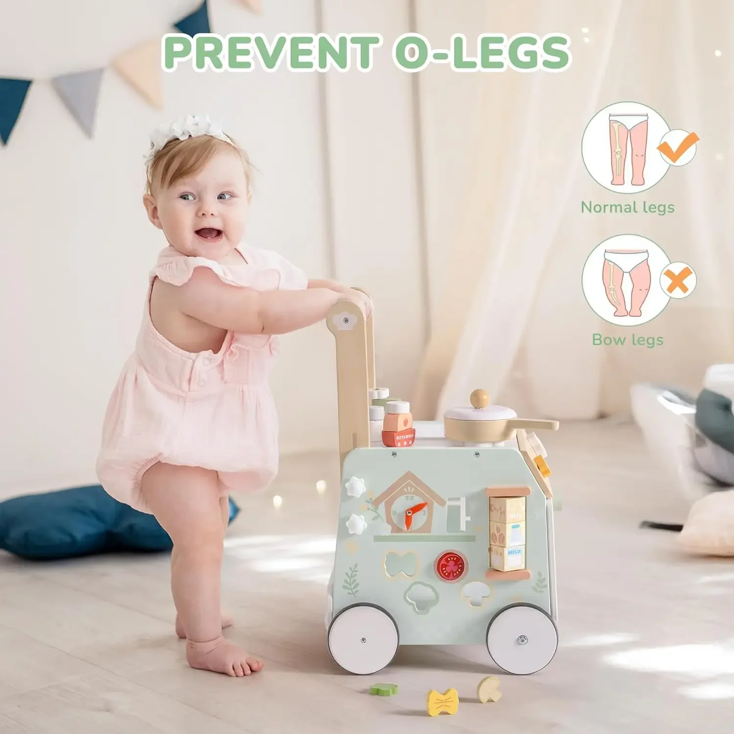 Robud Girello in legno con velocità regolabile in altezza Giocattolo spinta per prevenire le gambe a forma di O Giocattolo da passeggio per bambini Montessori per ragazze e ragazzi