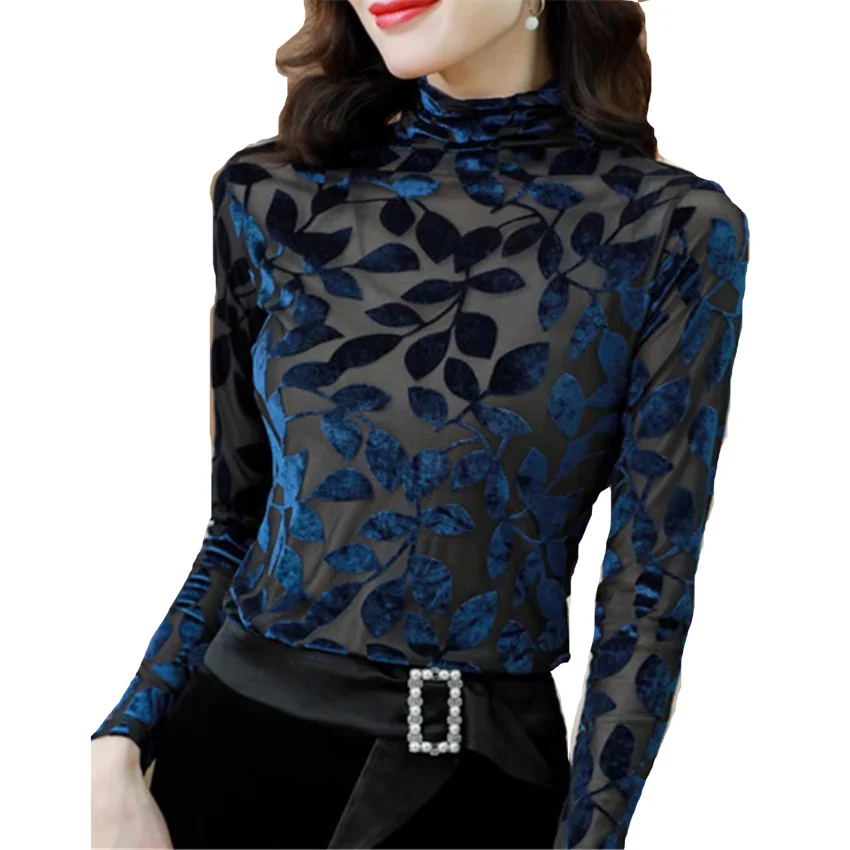 

2025 Fashion Vintage Women Short Gold Velvet Blouse Slim Female Long Sleeve Solid Turtleneck Shirt Basic Tops Bottomings WZ2487