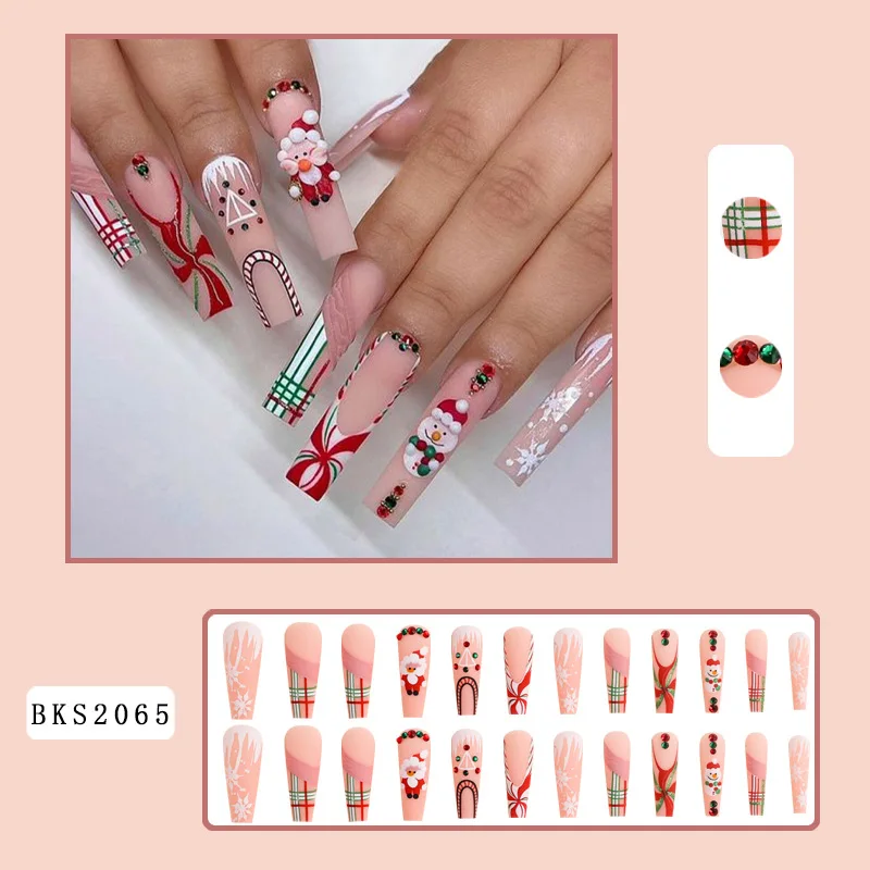 404 Falsenails Christmas Design Printing Fake Nails Nude French Snowman Winter Detachable Fingernails DIY Ballet Acrylic Nailtip