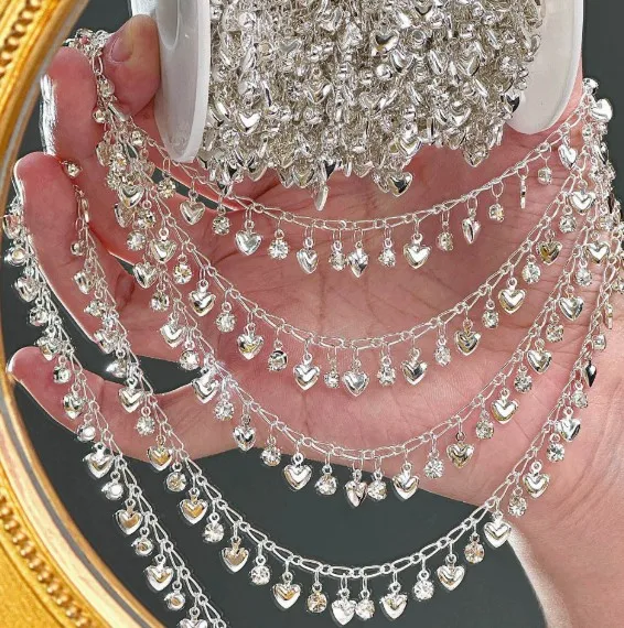 Pendentif en forme de cœur et pendentif en strass, chaîne en cuivre de 0.5 mètre, 1 mètre, pour la fabrication de colliers et de bracelets, accessoires de bijouterie