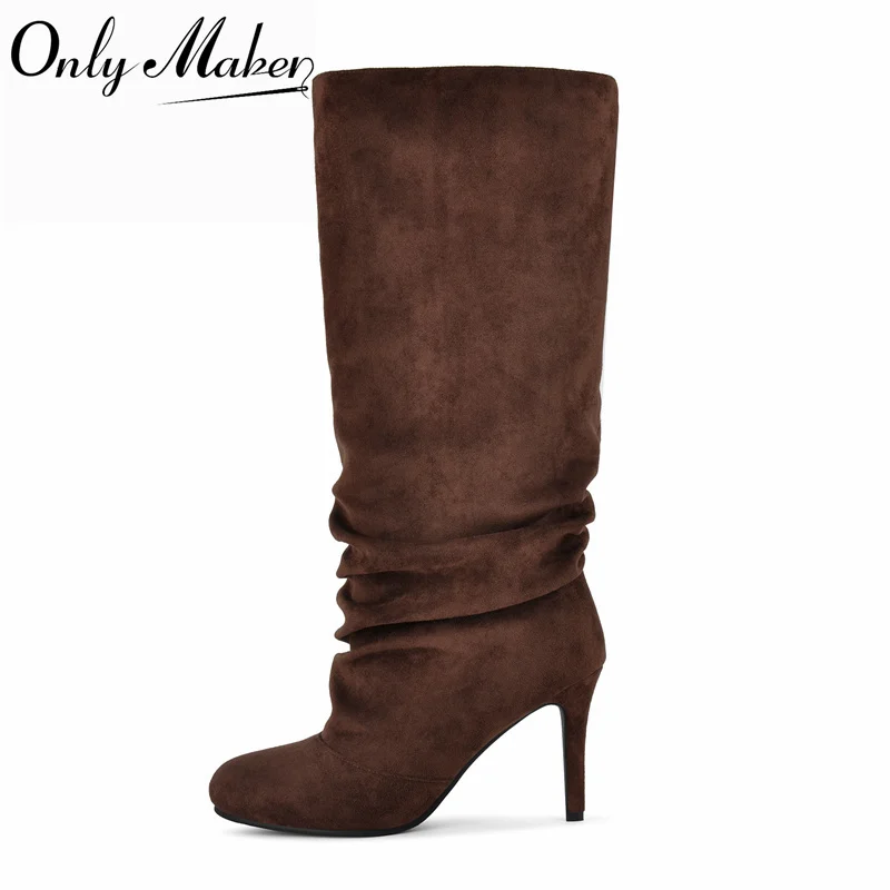 Onlymaker Ruched Slouch Knee‑High Boots Brown Faux Suede Round Toe Thin Heel Pleated Fold Fashion Evening Dating Women Boots