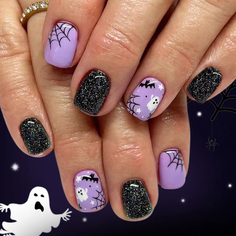 24pcs Cute Ghost Design Fake Nail Sets Halloween Glitter Black Short Square Nails Sets Press on Bat Spider Web False Nails Tips