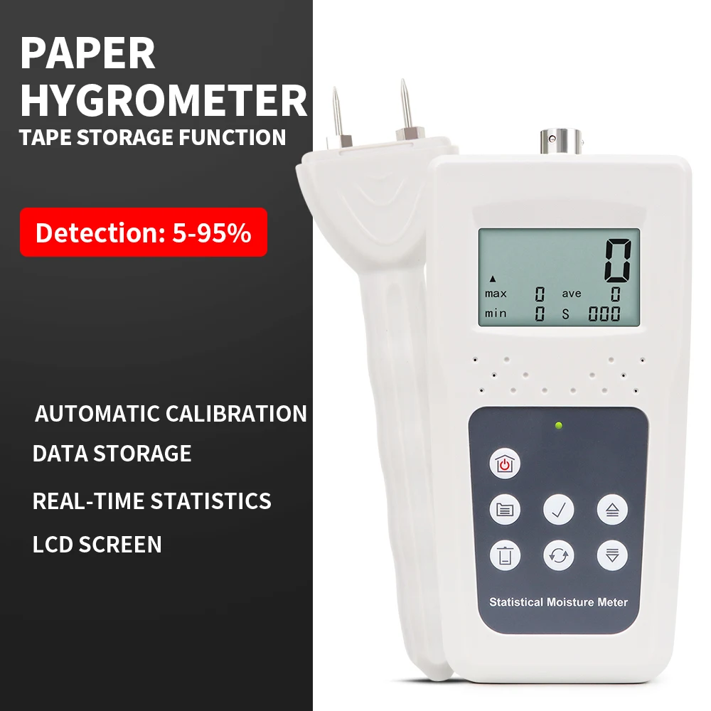 

LCD Display Paper Moisture Meter Portable Hygrometer 5-95% Paper Cardboard Timber Humidity Contain Tester with Storage Function