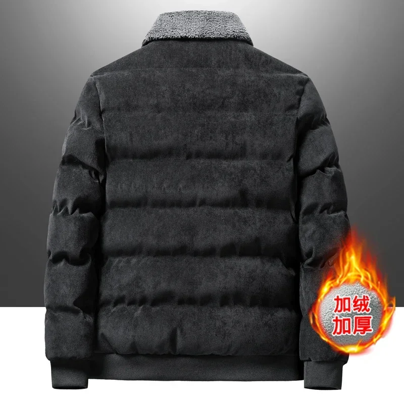 Giacca Moda Casual Giacca a vento Giacca in pile Uomo Parka Cappotto Maschile Tinta unita Parka antivento Collo di pelliccia Parka di velluto a coste caldo