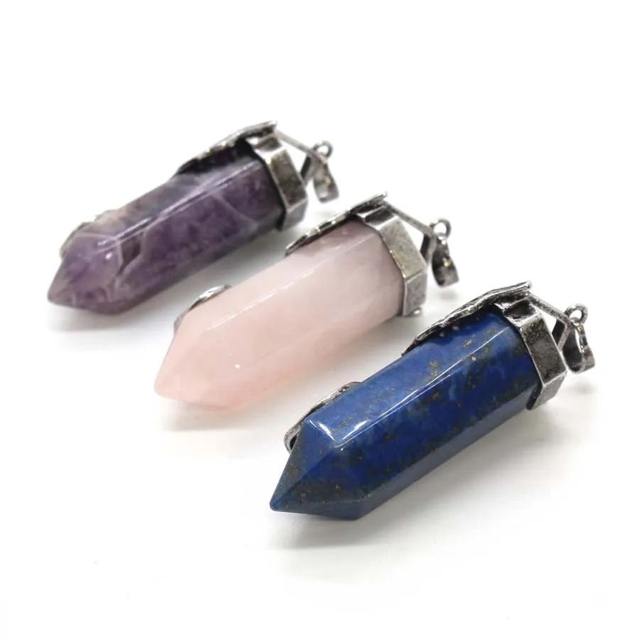 Animal Dragon Crystal Hexagon Prism Stone Man Pendants Natural Amethyst Rose Quartz Lapis Lazuli Agate Pendant Women Jewelry