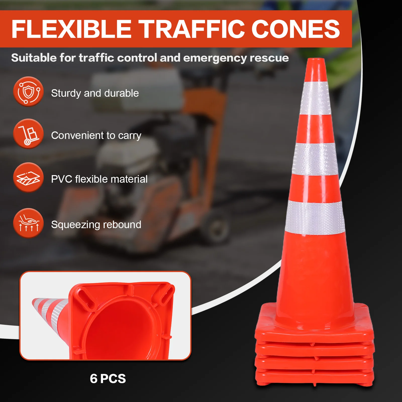 

35 Inch 6 Pack Plastic Safety Cones with Reflective Collars Heavy Duty Cones PVC for Traffic Control Driveways and Parking Lots