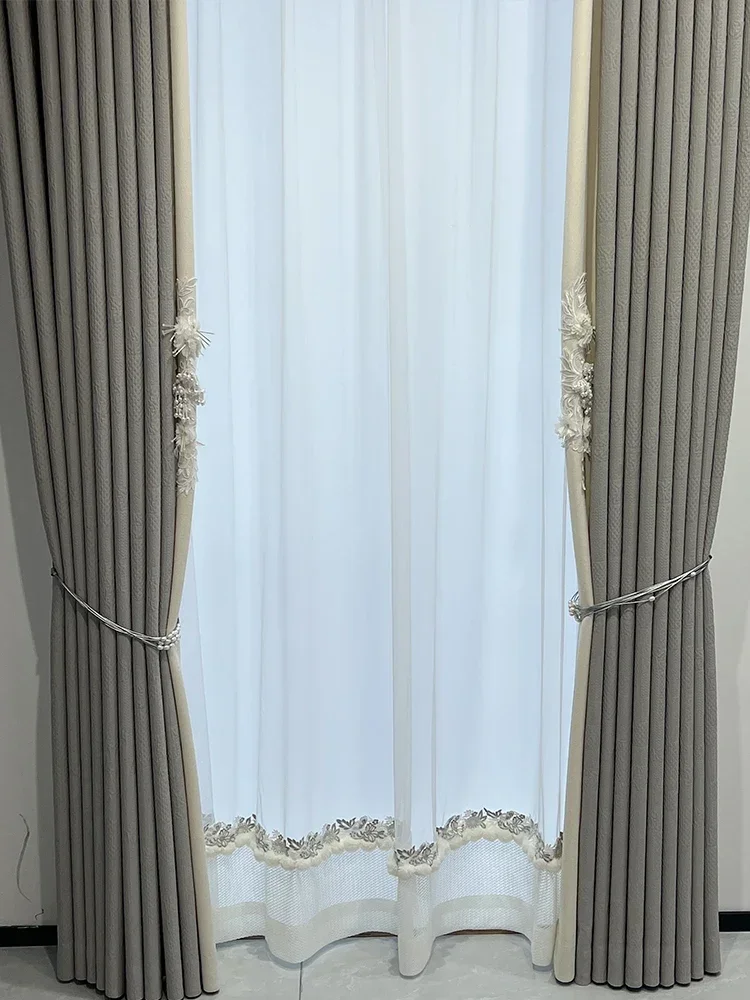 French Window Balcony Cream Gray Embroidered Window Screen Jacquard Pearl Mosaic Blackout Curtains For Living Room Bedroom