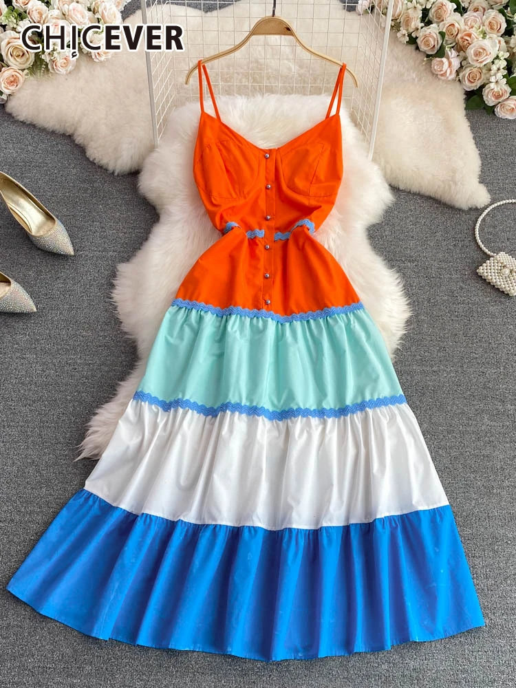 

CHICEVER Colorblock A Line Dress For Women V Neck Sleeveless High Waist Single Breasted Camisole Long Dresses Female Clothes New