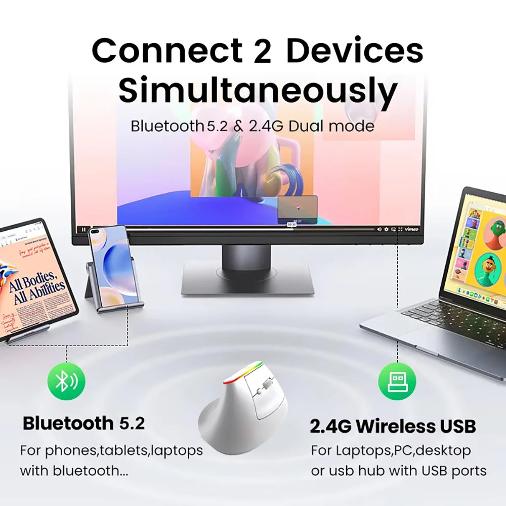 KEBIDUMEI Vertical Mouse Bluetooth 5.2 2.4G Ergonomic Mouse Mute Buttons RGB Gaming Mouse for MacBook Tablet Laptops PC Mice