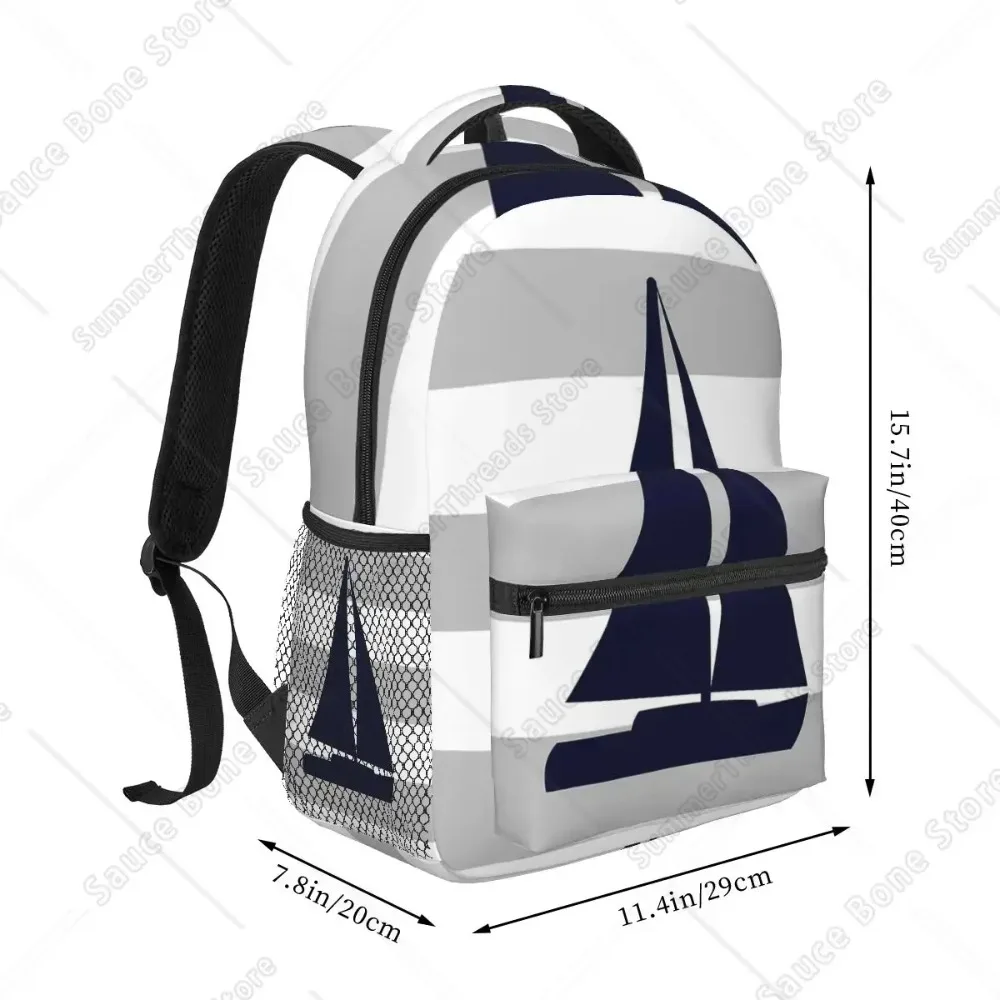 Nautical Blue Sailboat On Silver Gray Stripes Backpacks Boys Girls Bookbag Students School Bags Rucksack Shoulder Bag