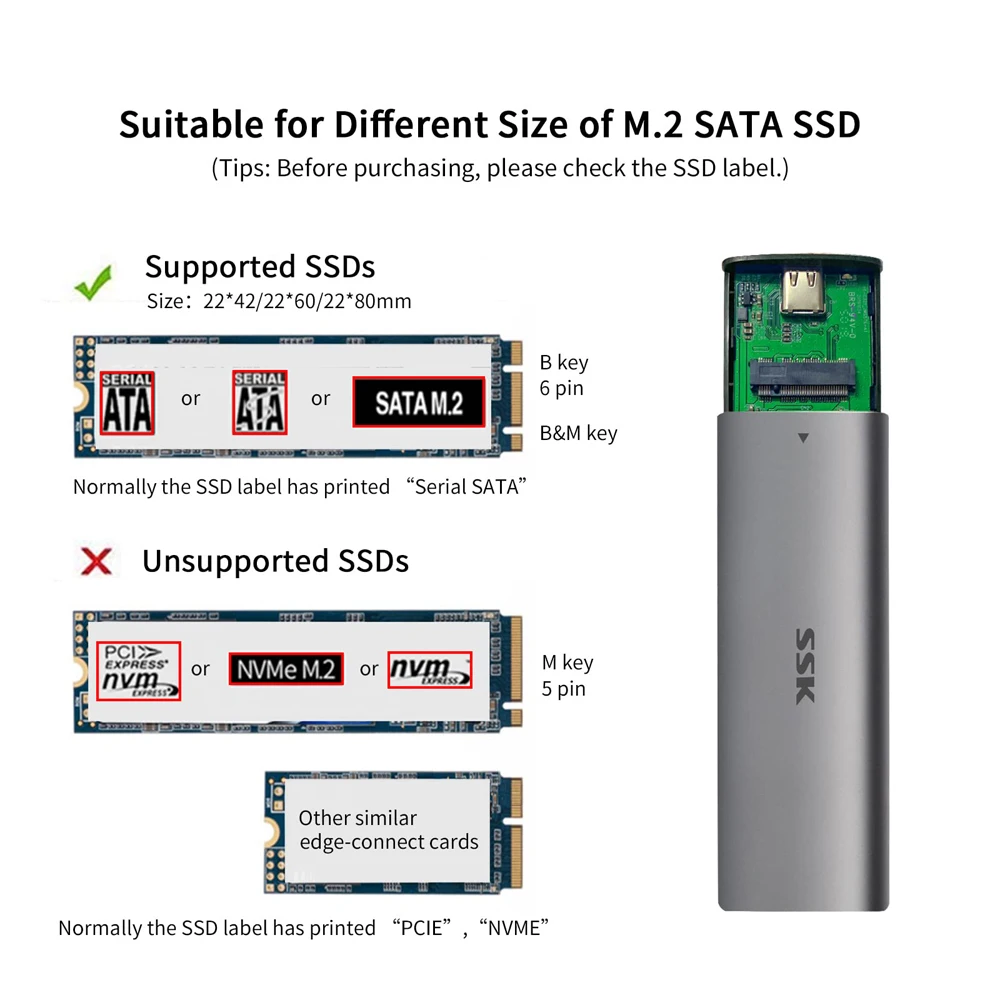 SSK Aluminum M.2 SATA SSD Enclosure Type-C External SSD Adapter Tool-Free Support UASP Trim for M.2 NGFF B Key/B+M Key PC Case