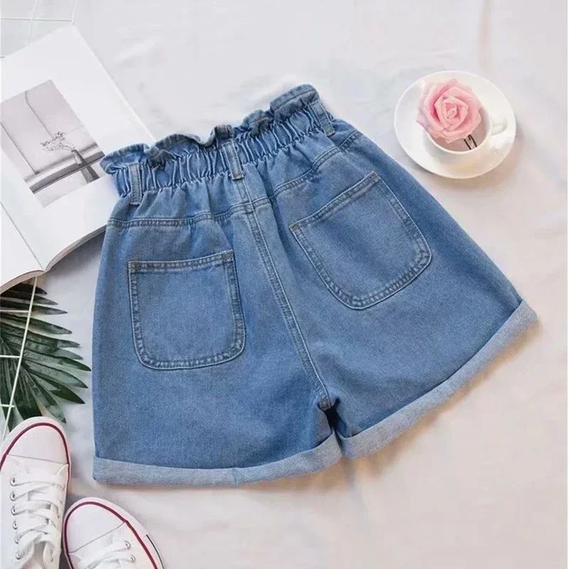 Summer Women's Shorts Korean Fashion Blue Cotton Denim Shorts Female Elastic Waist Loose Casual Wide Leg Shorts for Women