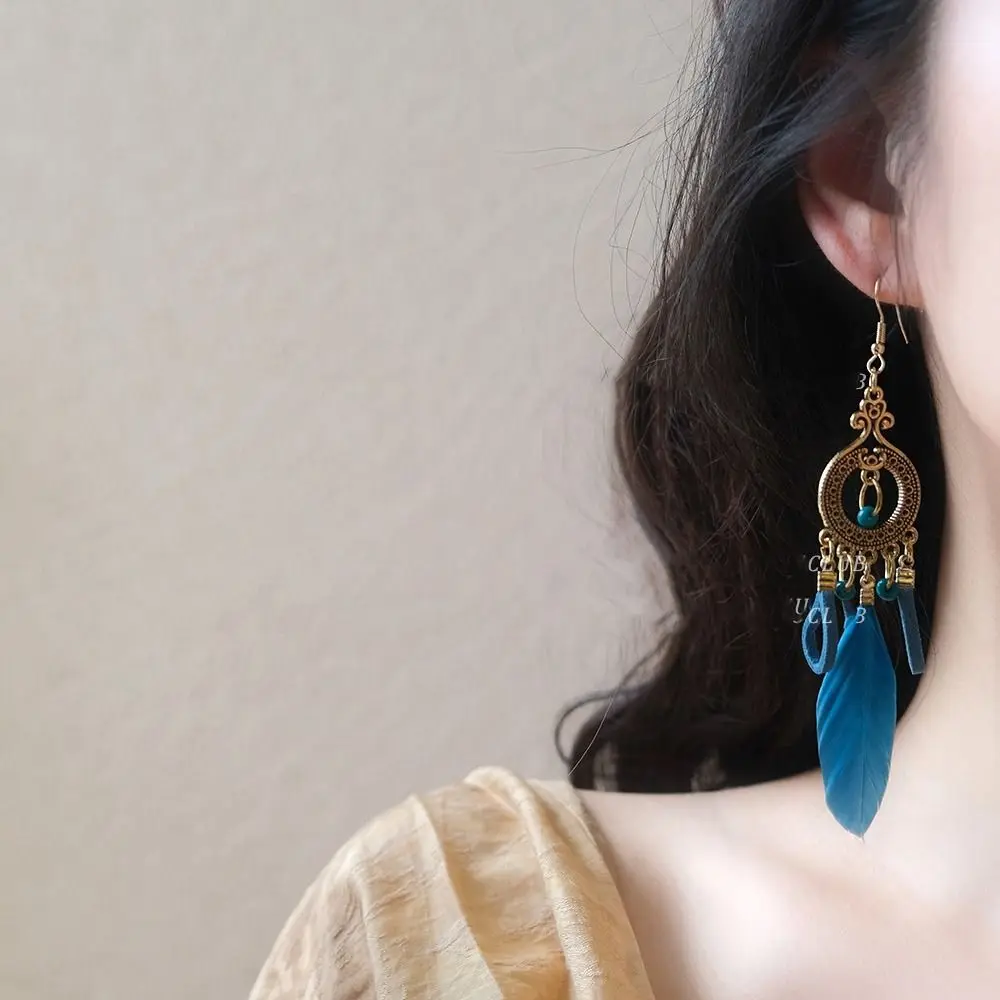 Gold Long Tassel Dangle Earrings Korean Style Ear Drop Feather Earrings Fashion Jewelry Beaded Ethnic Style Earrings Gift